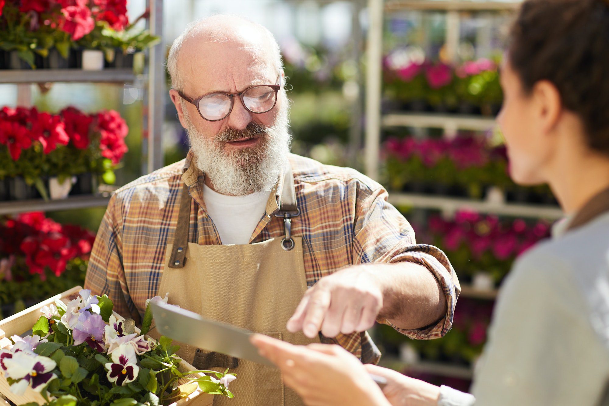 Senior Man Working at Flower Market with Medicare supplements